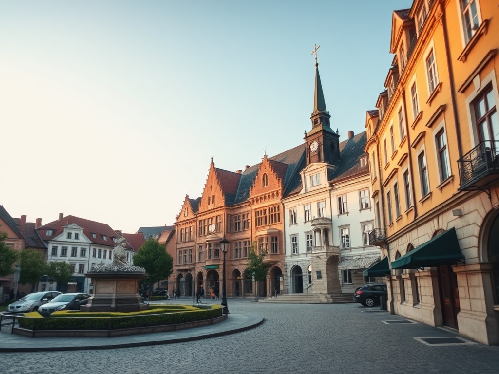 Panorama Nowej Soli z widokiem na rzekę Odrę i historyczne budynki.